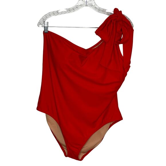 J. Crew Womens One Shoulder Bow Swimsuit Size 20 Red One Piece Padded Preppy - Picture 3 of 14